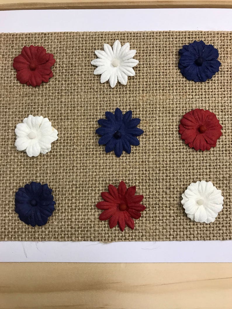 USA Patriotic CardRedWhiteBlue Dimensional Flowers on Burlap Paper