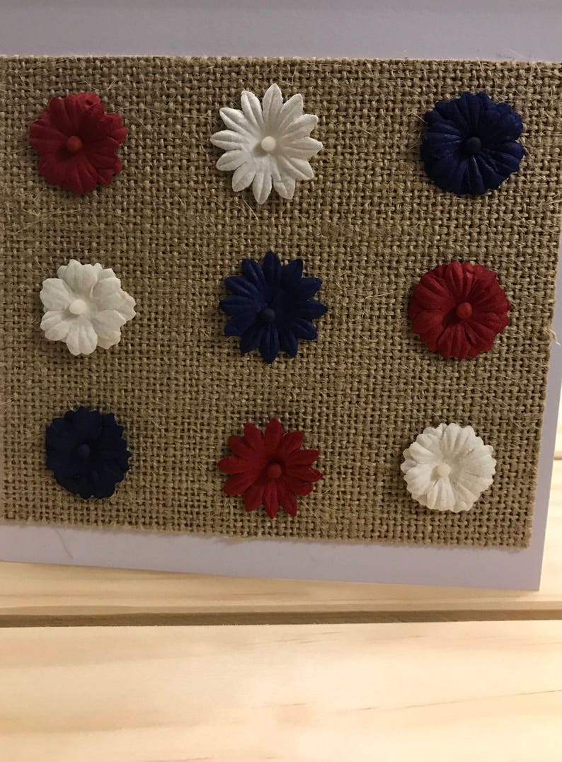 USA Patriotic CardRedWhiteBlue Dimensional Flowers on Burlap Paper