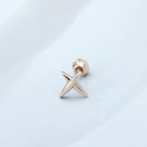 lóbulo de ouro 14K em forma de mini x, concha interna, concha externa, piercing em hélice