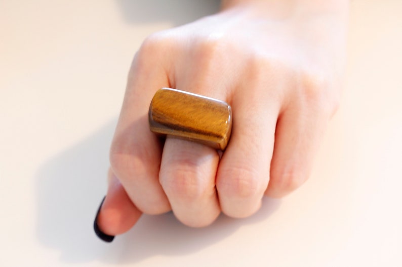 polygon ring 15mm Tiger eye brown raw stone ring 6 12 US SIZE
