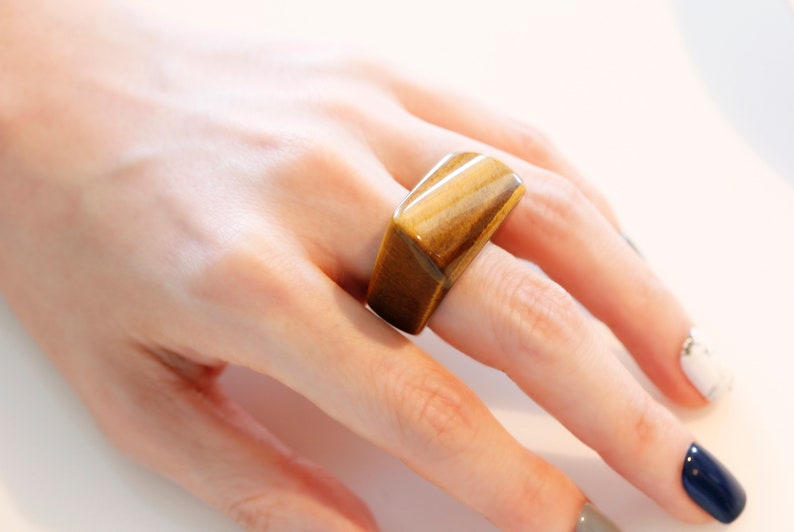 polygon ring 15mm Tiger eye brown raw stone ring 6 12 US SIZE