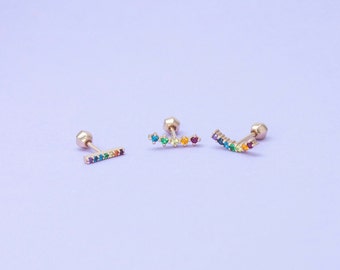 Curve, Line shaped Rainbow color cubic zirconia 14K solid gold lobe, inner conch, outter conch, helix piercings
