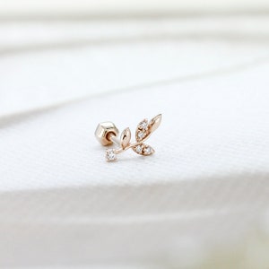 cubic zirconia  olive leaf shaped 14K solid gold lobe, inner conch, outter conch, helix piercing