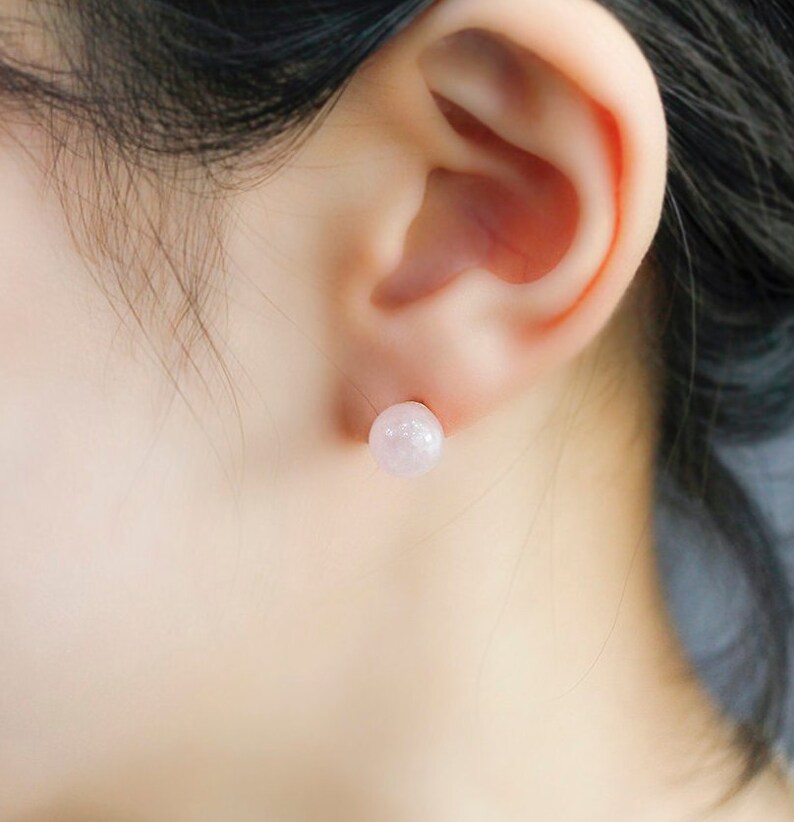 8mm Rose Quartz genuine gemstone ball 14k solid gold stud earrings