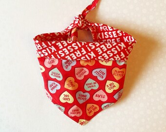 Reversible tie on Valentine's Day Dog Bandana. Cat Bandana. Conversation Hearts. Free Kisses. For Cats. Gift for Dog Owners. Gift for Cat.