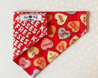 Valentine's Day Over the Collar Reversible pet bandana. For Dogs. For Cats. Gift for pet owners. Conversation Hearts. Free Kisses. Dog Lover