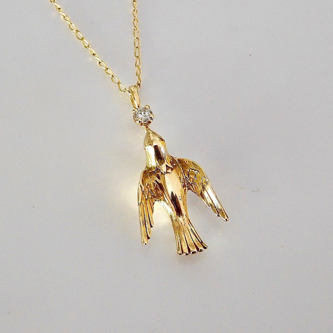 Gold Dove Bird Pendant on chain with Diamond in 14k Solid Etsy
