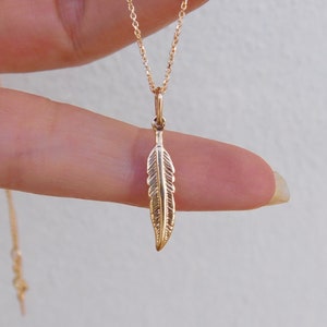 Dainty gold feather pendant, 18k feather charm,