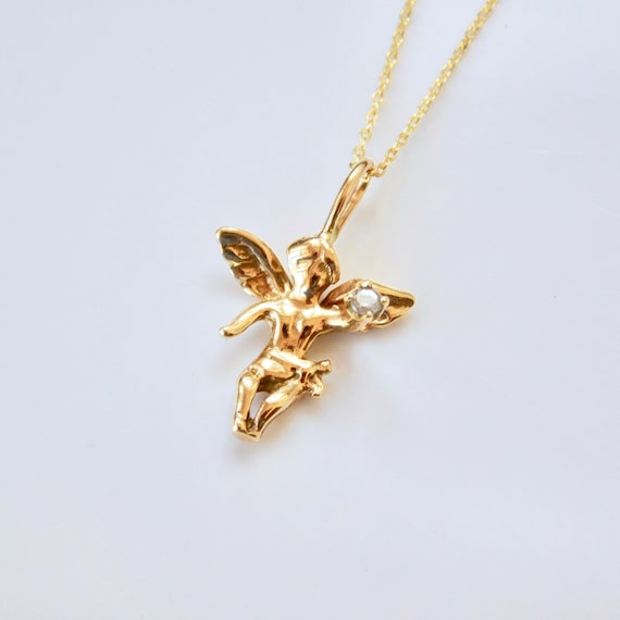 Angel Pendant In 14k Solid Gold With Glistening Diamond - Gold Angel Pendant Necklace Angel Pendant In 14k Solid Gold With Glistening Diamond - Gold Angel Pendant Necklace