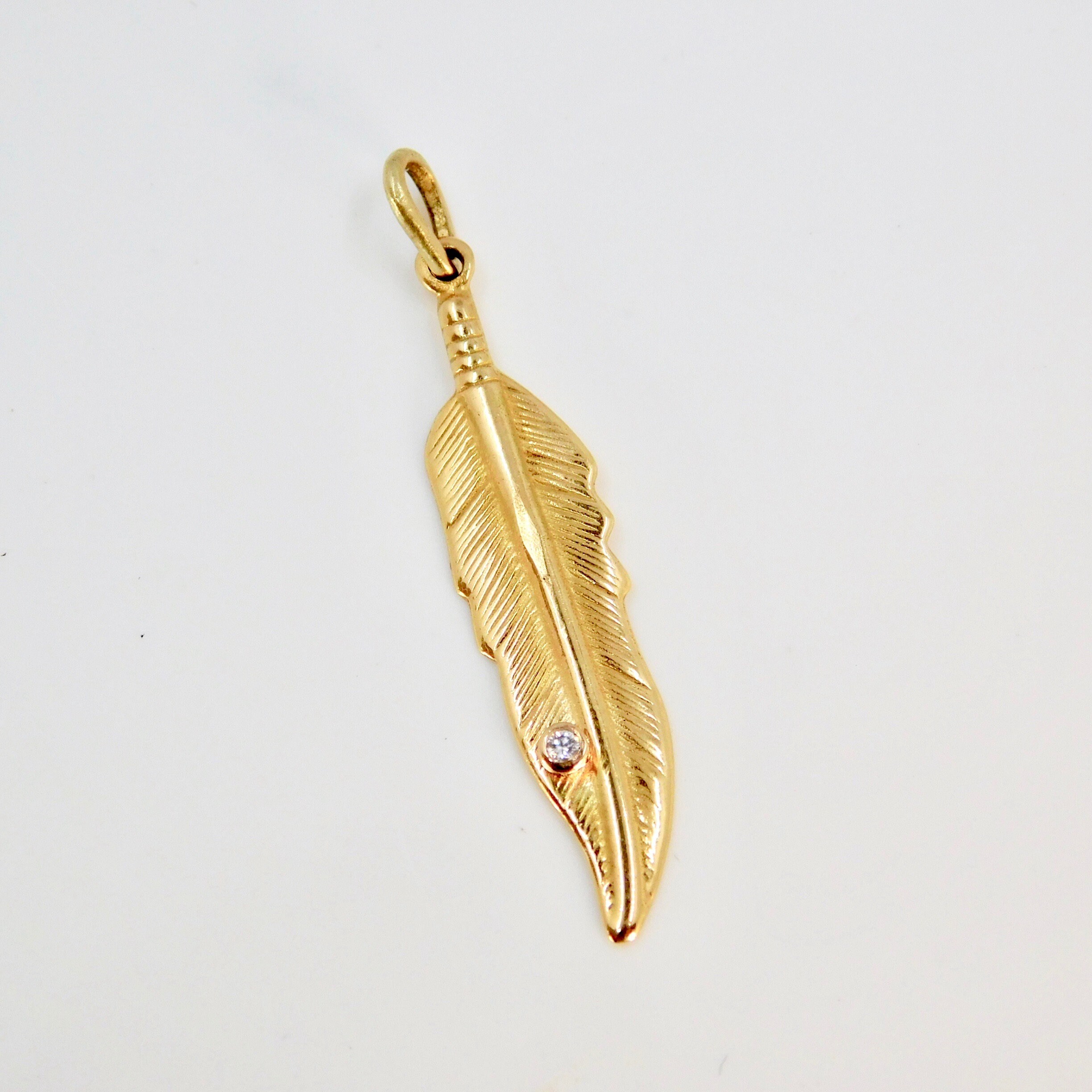 Solid Gold Feather Pendant with Diamond 18k his and hers Etsy