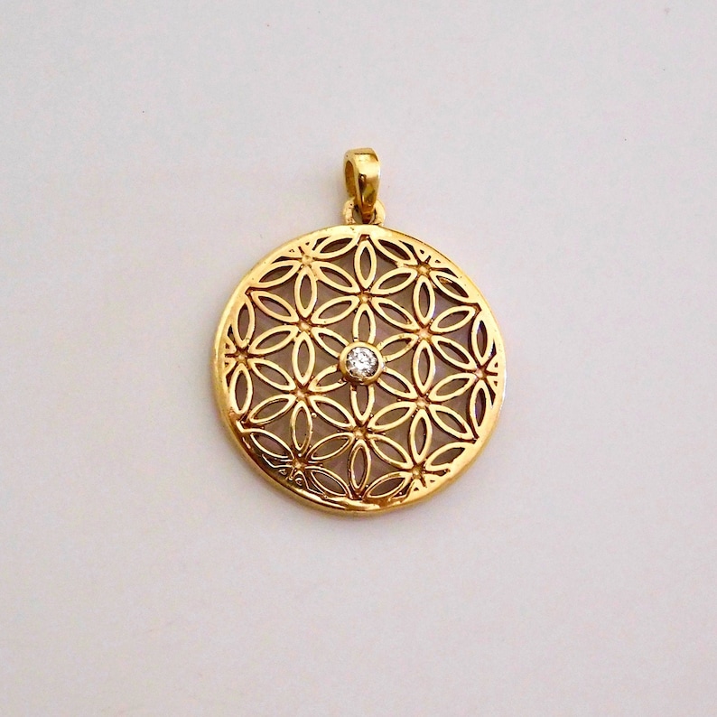 Gold Flower of Life Pendant & Diamond Centre in 18k Solid Etsy