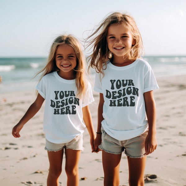 Beach Girls Summer Vacation, Big Sister Little Sister Matching White T Shirt Mockup, Toddler Best Friend, Kids Bella Canvas 3001t TShirt