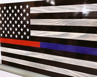 THIN RED / BLUE Line Wood Flag (Challenge Flag Option Available) With Tinted White Stripes, Carved Painted White 50 Stars, 24x15 Or 36x20