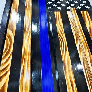 CHALLENGE COIN FLAG, Thin Blue Line Challenge Display Flag, First Responders Display Flag, Law Enforcement Display Flag, Blue Line Wood Flag image 2