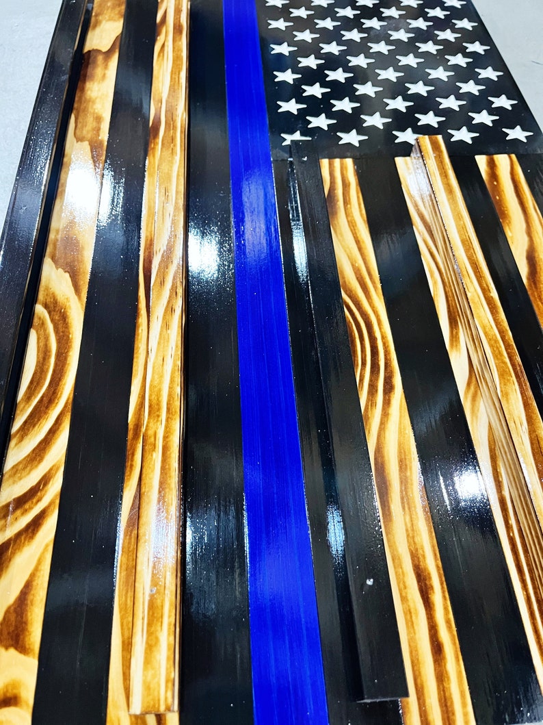 CHALLENGE COIN FLAG, Thin Blue Line Challenge Display Flag, First Responders Display Flag, Law Enforcement Display Flag, Blue Line Wood Flag image 2