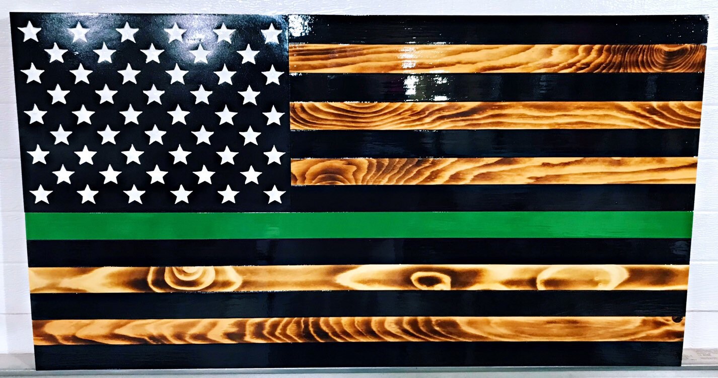 THIN GREEN LINE Flag (Challenge Flag or Regular) With Torched Wood