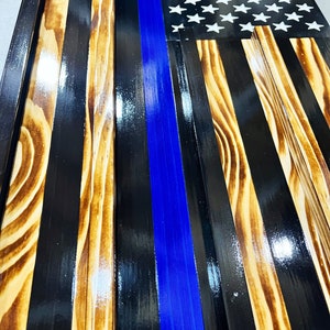 CHALLENGE COIN FLAG, Thin Blue Line Challenge Display Flag, First Responders Display Flag, Law Enforcement Display Flag, Blue Line Wood Flag image 5