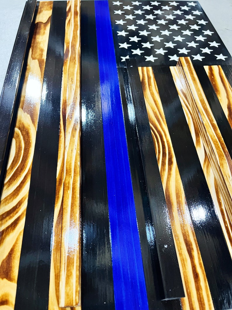 CHALLENGE COIN FLAG, Thin Blue Line Challenge Display Flag, First Responders Display Flag, Law Enforcement Display Flag, Blue Line Wood Flag image 5
