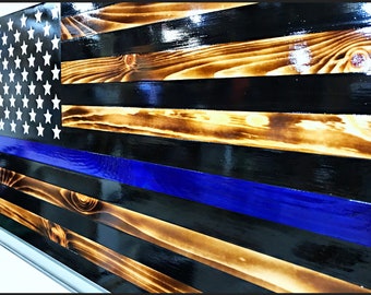 THIN BLUE LINE Flag, Law Enforcement Flag  Police Flag Wall Decor, 50 engraved & Painted Stars on Union, Blue Line Display Flag Torched Wood