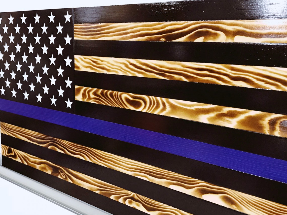 Rustic THIN BLUE LINE Wood Flag With Torched Wood Carved And Etsy