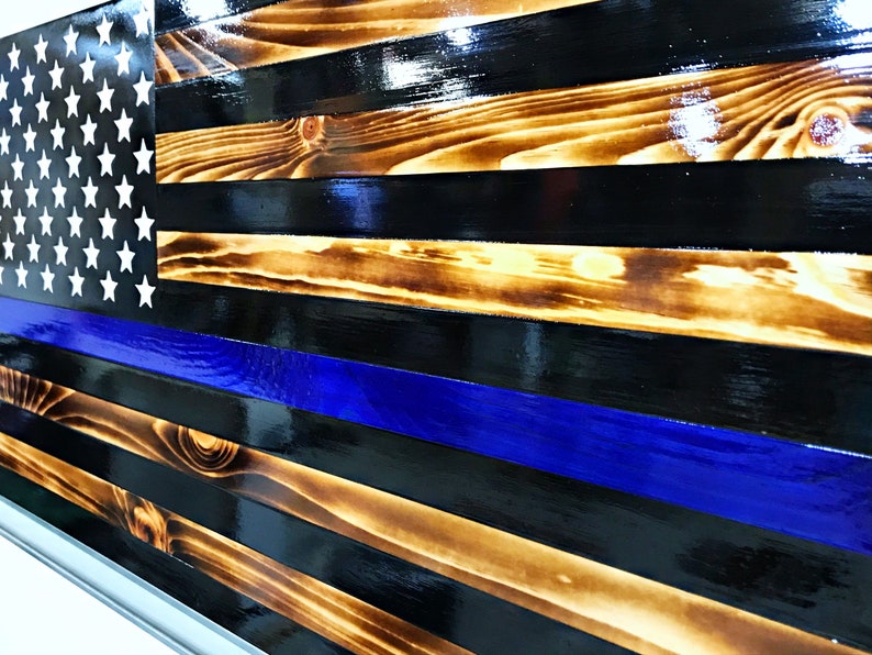 CHALLENGE COIN FLAG, Thin Blue Line Challenge Display Flag, First Responders Display Flag, Law Enforcement Display Flag, Blue Line Wood Flag image 8
