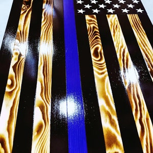 CHALLENGE COIN FLAG, Thin Blue Line Challenge Display Flag, First Responders Display Flag, Law Enforcement Display Flag, Blue Line Wood Flag image 9