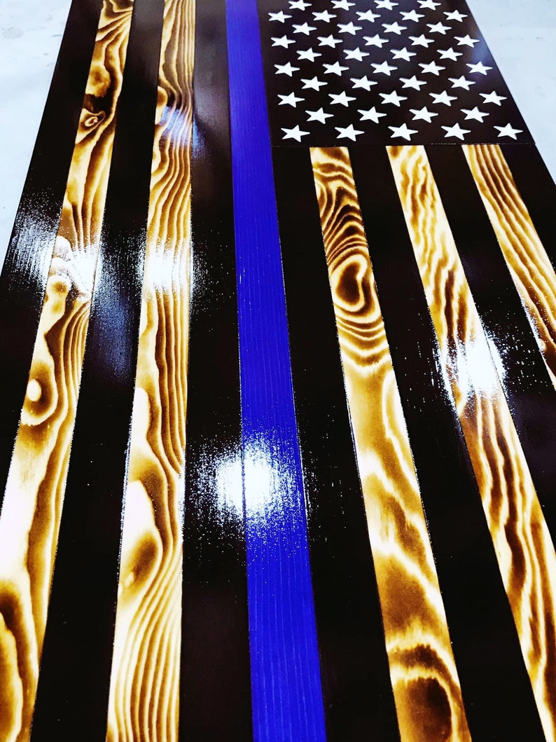 CHALLENGE COIN FLAG, Thin Blue Line Challenge Display Flag, First Responders Display Flag, Law Enforcement Display Flag, Blue Line Wood Flag image 9