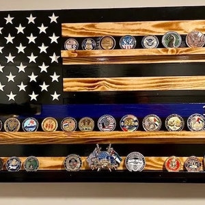 CHALLENGE COIN FLAG, Thin Blue Line Challenge Display Flag, First Responders Display Flag, Law Enforcement Display Flag, Blue Line Wood Flag image 4