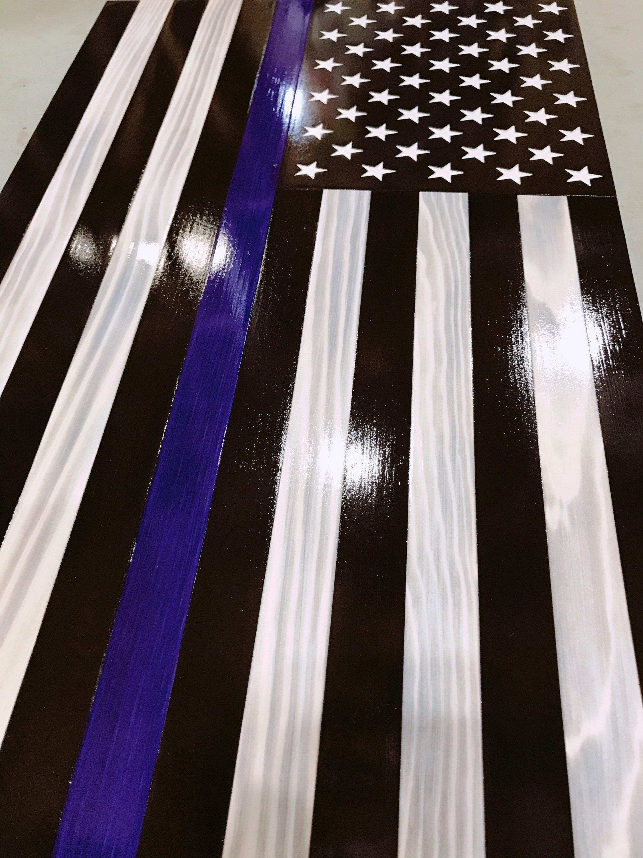 THIN BLUE LINE Flag (Challenge Flag or Regular) With Torched Wood