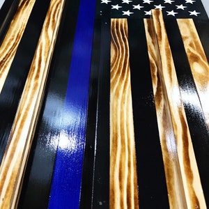 CHALLENGE COIN FLAG, Thin Blue Line Challenge Display Flag, First Responders Display Flag, Law Enforcement Display Flag, Blue Line Wood Flag image 6
