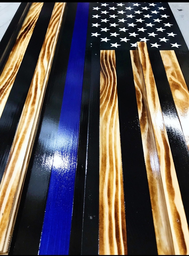 CHALLENGE COIN FLAG, Thin Blue Line Challenge Display Flag, First Responders Display Flag, Law Enforcement Display Flag, Blue Line Wood Flag image 6