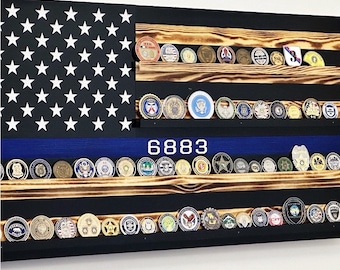 CHALLENGE COIN FLAG, Thin Blue Line Challenge Display Flag, First Responders Display Flag, Law Enforcement Display Flag, Blue Line Wood Flag