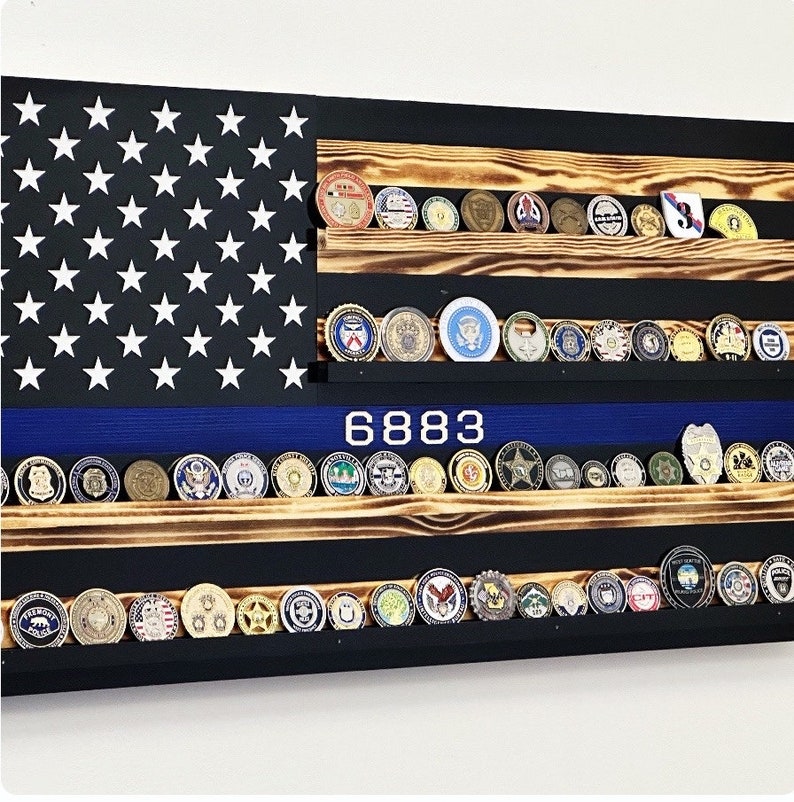 CHALLENGE COIN FLAG, Thin Blue Line Challenge Display Flag, First Responders Display Flag, Law Enforcement Display Flag, Blue Line Wood Flag image 1