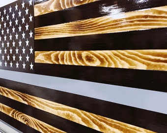 THIN GRAY LINE With Torched Wood, Carved And Painted White 50 Stars, Wall Decor 24x15 or 36x20 challenge flag option