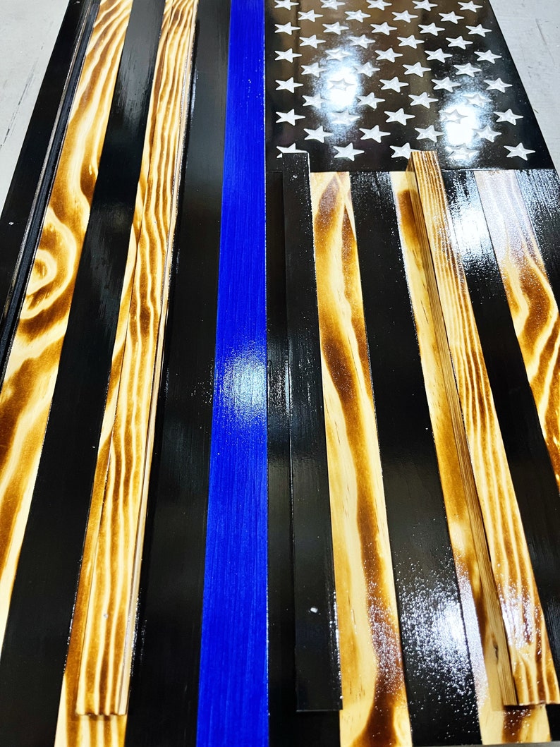 CHALLENGE COIN FLAG, Thin Blue Line Challenge Display Flag, First Responders Display Flag, Law Enforcement Display Flag, Blue Line Wood Flag image 3