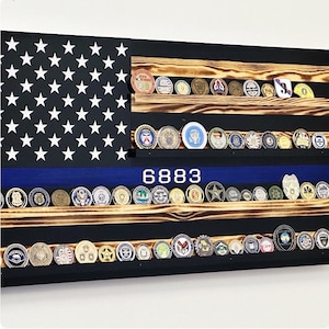 CHALLENGE FLAG: Thin Blue Line Flag, Law Enforcement Challenge Coin Display Flag, Challenge Flag Shelves, (36x20 Inches)