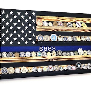 CHALLENGE COIN FLAG: Thin Blue Line Flag, Law Enforcement Flag, Blue Line Display Flag