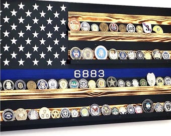 CHALLENGE COIN FLAG: Thin Blue Line Flag, Law Enforcement Flag, Blue Line Display Flag