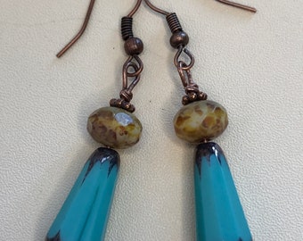 Handmade by me...Faceted Czech glass and copper teardrop style dangle earrings/drop earrings