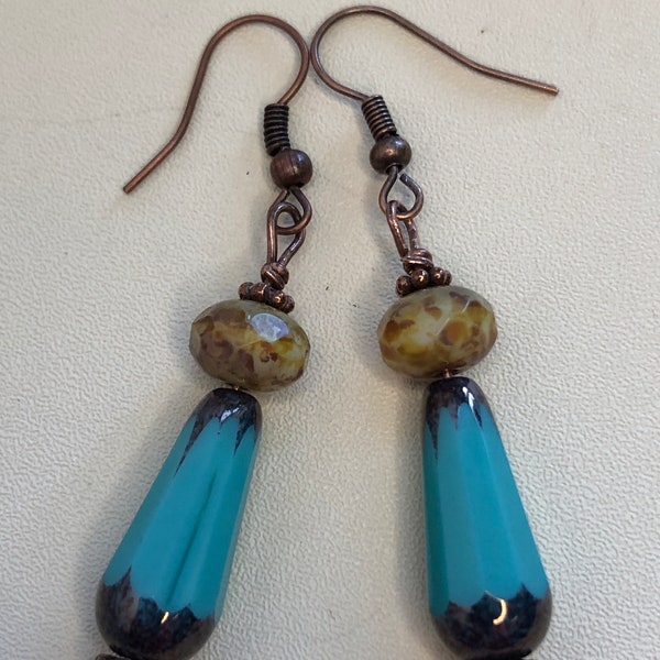 Handmade by me...Faceted Czech glass and copper teardrop style dangle earrings/drop earrings