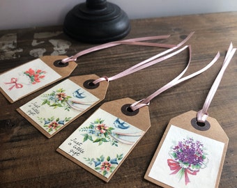 hand made Vintage style gift tags/gift labels, set of 4, made from vintage greetings cards