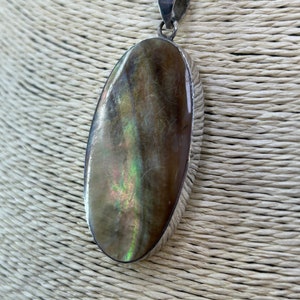 Vintage 925 silver Mother of Pearl large oval pendant and chain, shell pendant, signed 925