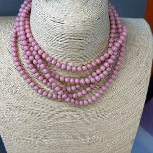 Vintage 5 strand baby pink ceramic bead necklace, Rockabilly, Audrey Hepburn style