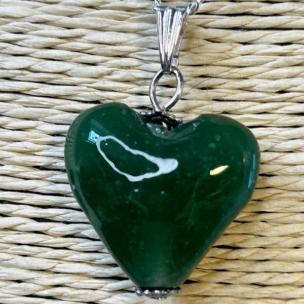 Vintage green stone Heart charm upcycled into silver plated chain necklace/pendant, green heart pendant