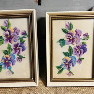 x 2 Vintage small Embroidered Pansy flowers pictures in Frames, Framer A.E.DUTTON CHESTER 1940s