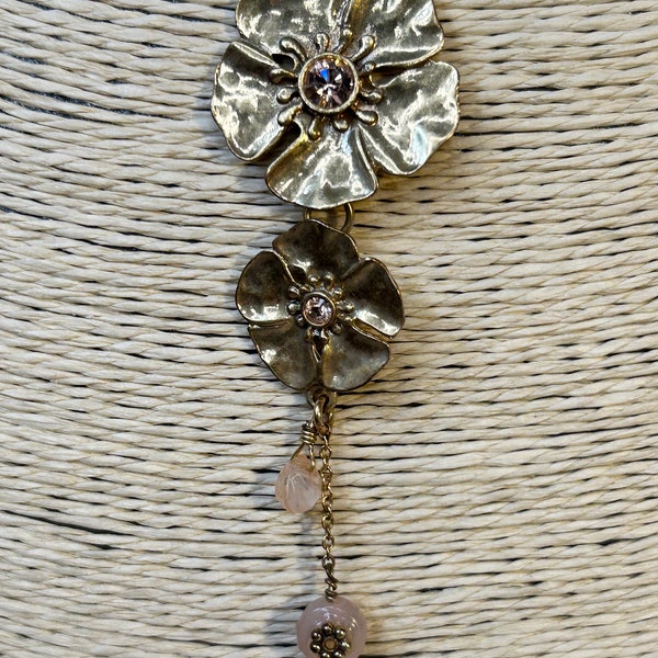 Vintage antiqued brass Danish Pilgrim floral drop pendant and chain, signed Pilgrim, gold tone