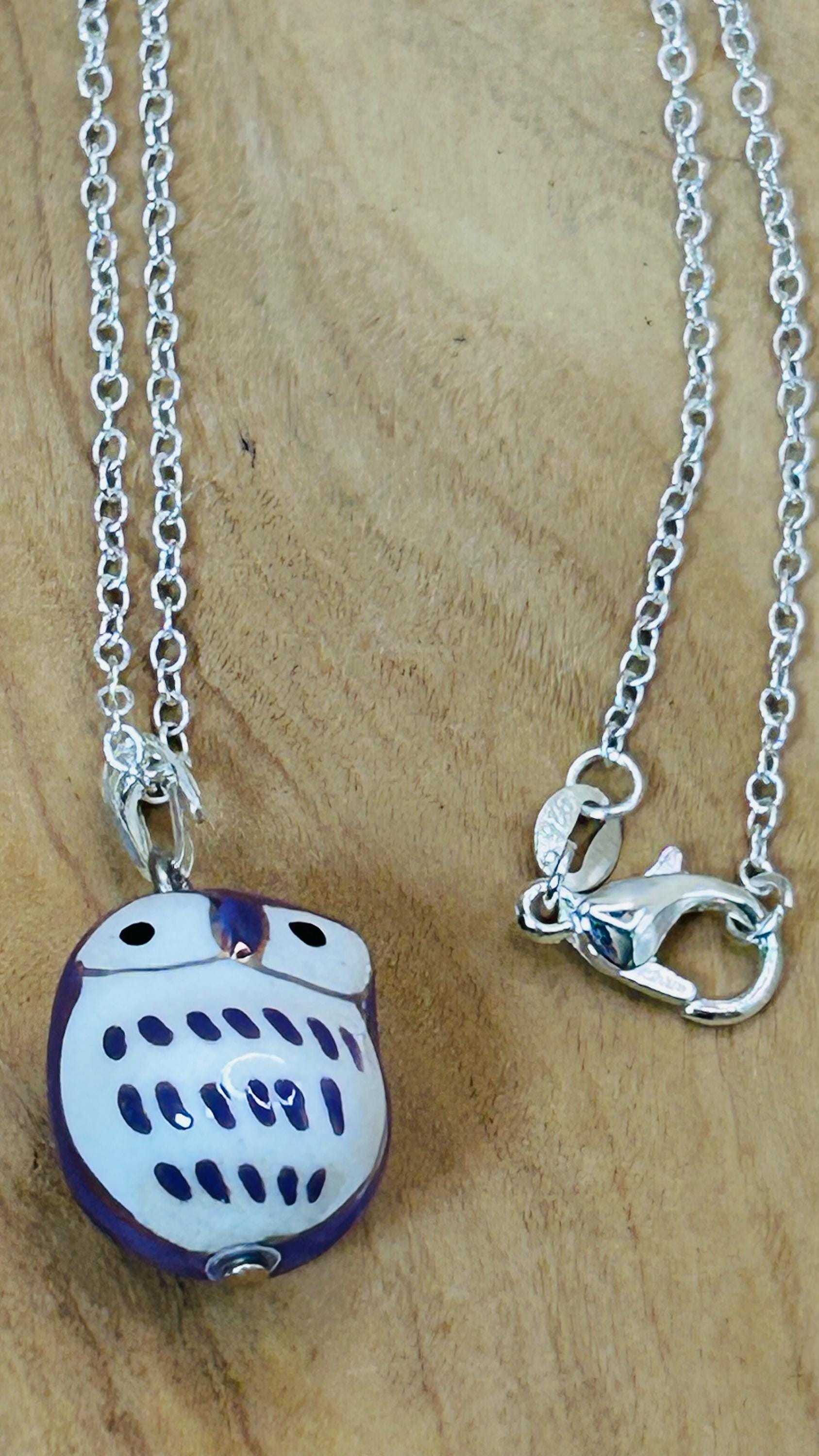 Vintage Ceramic Painted Owl Pendant on NEW 925 Silver Chain