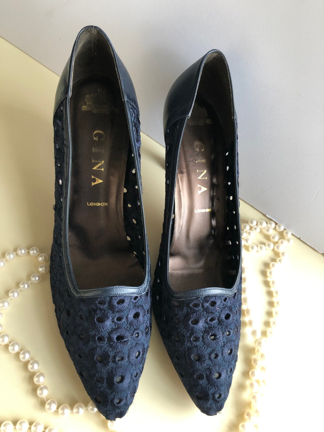 Gina Vintage 1950's Navy Blue Leather/fabric Stiletto Heel Pointy Shoes