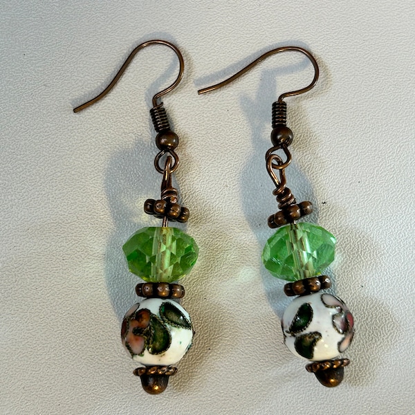 hand crafted earrings made with upcycled cloisonne & green glass beads, drops/dangles, green drop earrings