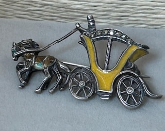 ヴィンテージ マーカサイト 馬と馬車ブローチ：スターリング